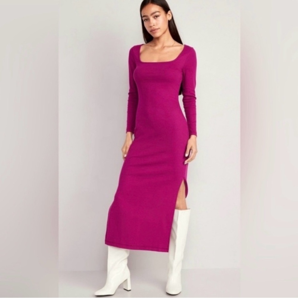 Old Navy Magenta Square-Neck Long Sleeve Midi Dress